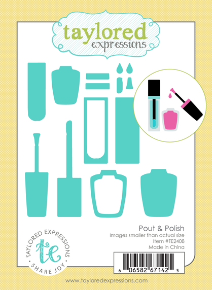 Graphic of Pout & Polish steel die set that includes nail polish die cut for papercrafting.