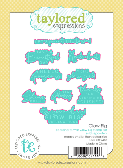 Graphic of Glow Big steel die set that coordinates with the stamps with nail polish sentiments for papercrafting.