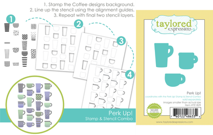 Graphic of Perk Up! Stamp and Stencil Combo with coordinating steel die for papercrafting.