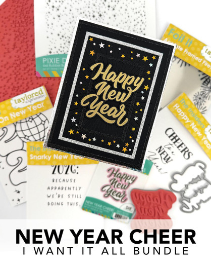 Graphic of New Year Cheer bundle that includes stamp, die, and foil its for papercrafting.