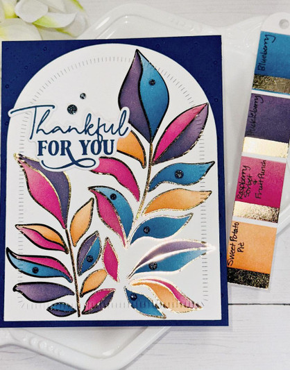 Handmade greeting card with leaves on it and thankful for you sentiment on it.