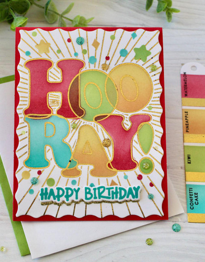 Handmade greeting card with Hooray! on it and Happy Birthday sentiment on it.