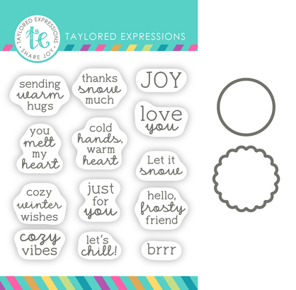 Graphic of Frosty Feelings Die & Clear Stamp combo which includes various sentiments on it.