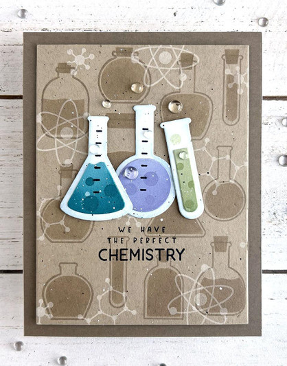 Handmade greeting card with chemistry bottles on it and we have the perfect chemistry sentiment on it.