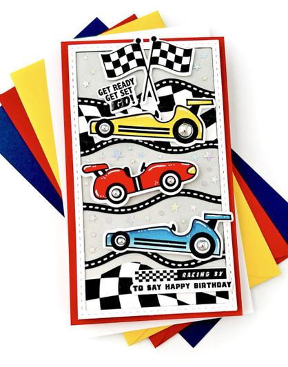 Handmade greeting card with 3 race cars on it and get ready, get set, go and racing by to say happy birthday sentiment on it.