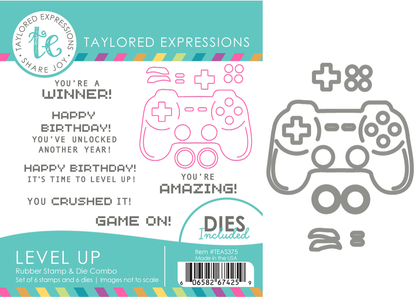 Graphic of Level Up Stamp & Die Combo which includes a gaming controller and sentiments on it for papercrafting.