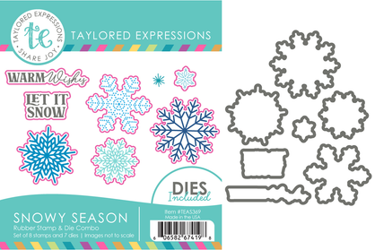 Graphic of Snowy Season Stamp and Die Combo which includes different types of snowflakes and snow sentiments in it.