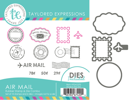 Graphic of Air Mail Rubber Stamp and Die Combo that includes postage items for papercrafting.