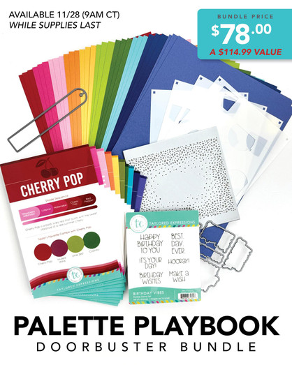 Graphic of Palette Playbook Doorbuster Bundle which includes cardstock, palette playbooks, balloon stencils, birthday dies and stamp. Available while supplies last.