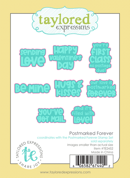 Graphic of Postmarked Forever Dies which includes dies to cut out sentiments with different valentine's mail themes on them for papercrafting.