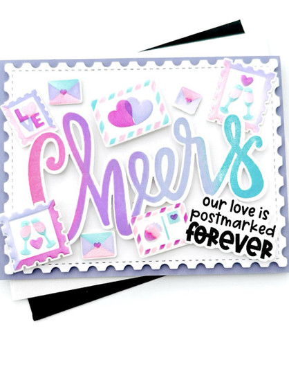 Handmade greeting card with cheers on it and hearts on envelopes with our love is postmarked forever sentiment on it.