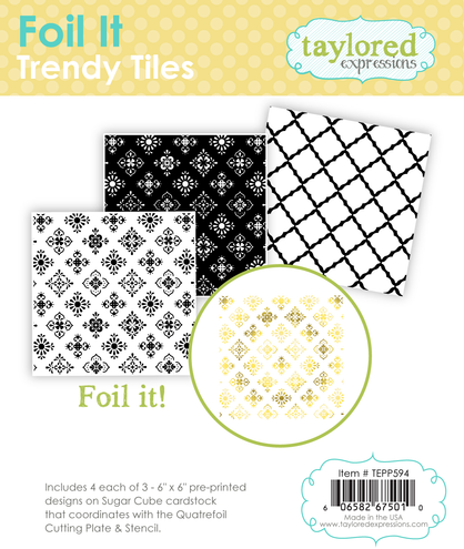 Graphic of Foil It - Trendy Tiles which includes 4 each of 3 different tile patterns for paprecrafting.