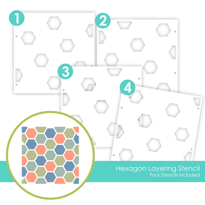 Graphic of Hexagon Layering Stencil which is a stencil that creates hexagons for papercrafting.