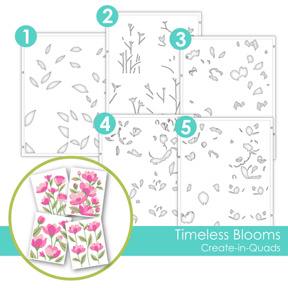 Graphic of Create-in-Quads Layering Stencil - Timeless Blooms which is used to create flowers for papercrafting.