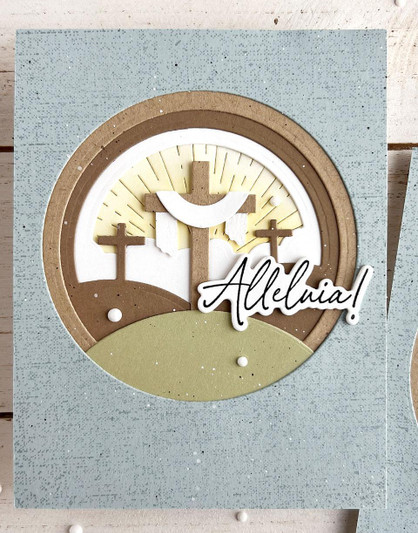 Handmade greeting card with three crosses on it and easter Alleluia on it.