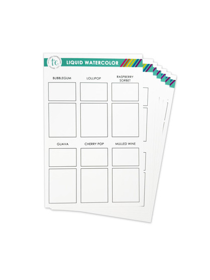 Image of TE Liquid Watercolor Swatch Chart which includes places to swatch out watercolor for papercrafting.