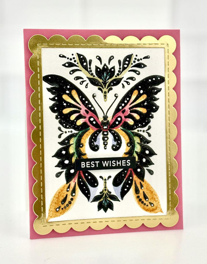 Handmade greeting card with butterfly on it and best wishes sentiment on it.