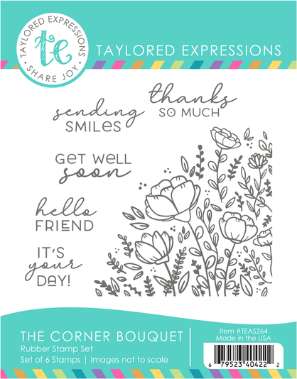 Graphic of The Corner Bouquet Rubber Stamp Set that includes sentiments and flowers on it for papercrafting.