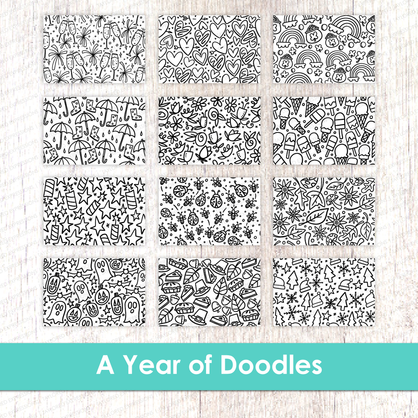 Graphic of A Year in Doodles Coloring Sheets which are used for papercrafting.