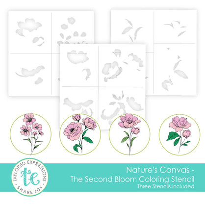 Graphic of Nature's Canvas Coloring Stencil - The Second Bloom which is a stencil to create flowers for papercrafting.