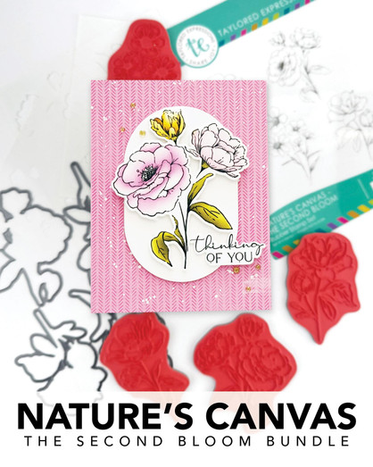 Graphic of the Second Bloom Bundle which includes stamps and dies for papercrafting.