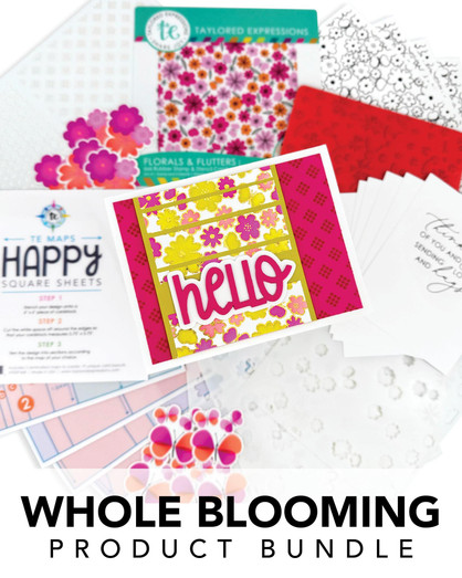 Graphic of The Whole Blooming Bundle which includes stamps, dies, happy squre sheets, foil, insiders, and stencils for papercrafting.