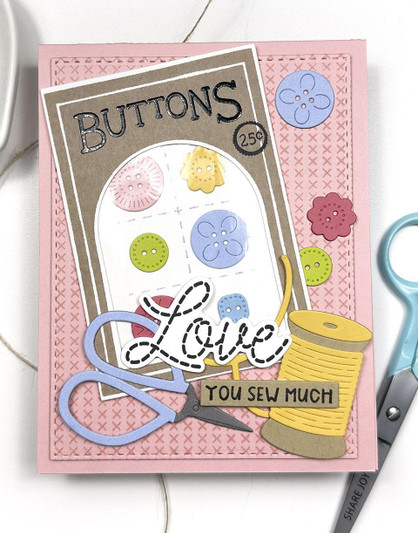 Handmade greeting card with buttons on it and love you sew much sentiment on it.