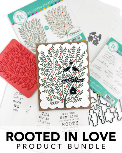 Graphic of Rooted in Love Bundle which includes stamp, dies, and insiders for papercrafting.