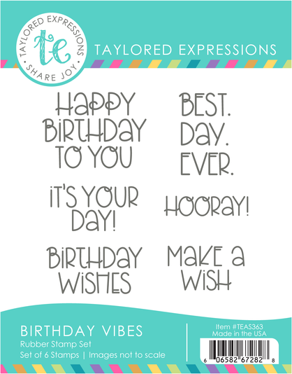 Graphic of Birthday Vibes Stamp Set which includes sentiments for papercrafting.