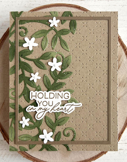 Handmade greeting card with vines on it and holding you in my heart sentiment on it.