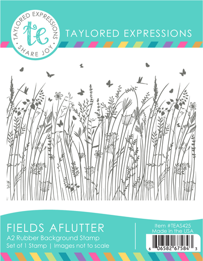 Graphic of Fields Aflutter Background Stamp which includes butterflies and prairie grass and is used for papercrafting.