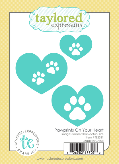 Graphic of Pawprints On Your Heart Die Set which includes paws and hearts for papercrafting.