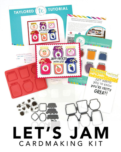 Graphic of Let's Jam Cardmaking Kit that includes stamp, dies, and insiders for papercrafting.