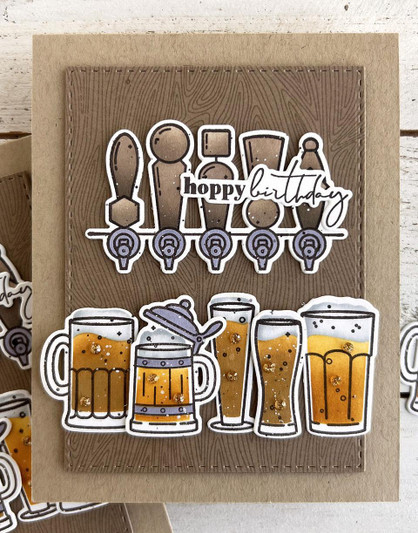 Handmade greeting card with beers on it and hoppy birthday sentiment on it.