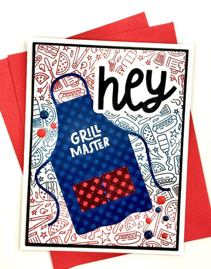 Handmade greeting card with apron on it and hey, grill master sentiment on it.