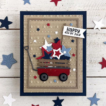 Handmade greeting card with wagon on it and happy 4th of July sentiment on it.