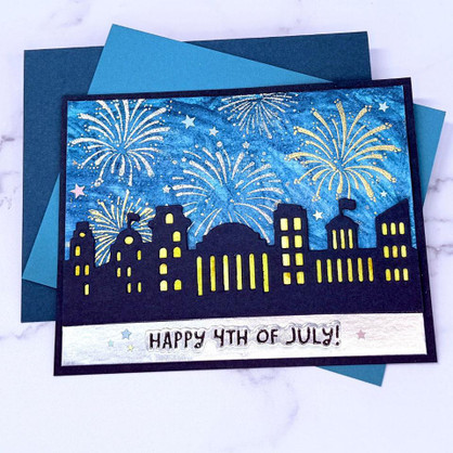 Handmade greeting card with fireworks on it and happy 4th of July sentiment on it.