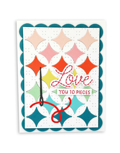 Handmade greeting card with diamonds on it and love you to pieces sentiment on it.