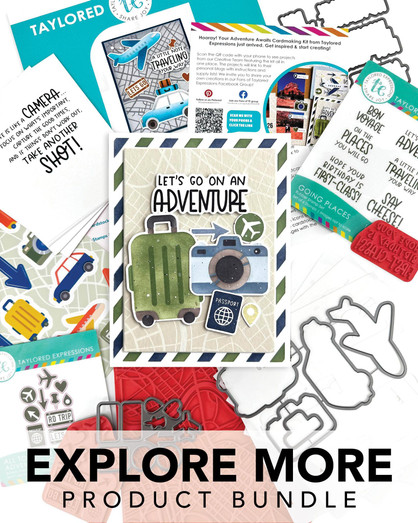 Graphic of Explore More Bundle which includes stamps, insiders, and dies for papercrafting.