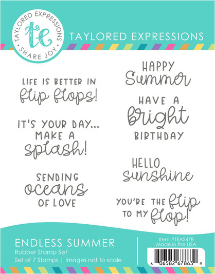 Graphic of Endless Summer Stamp Set which includes beach themed sentiments for papercrafting.