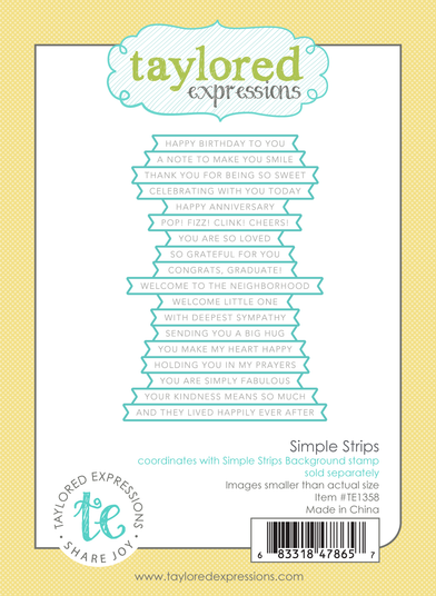 Steel die used for cutting out a variety of sentiments created by the Simple Strips Stamp collection.