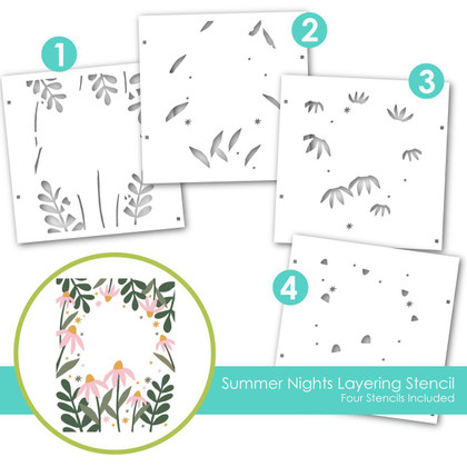 Graphic of summer nights layering stencil which is a floral stencil for paper crafting.