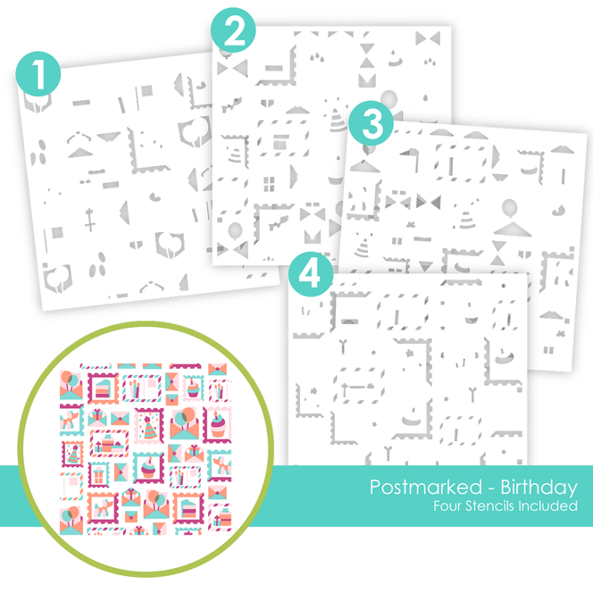 Graphic of Postmarked - Birthday Layering Stencil which includes birthday themed items for papercrafting.