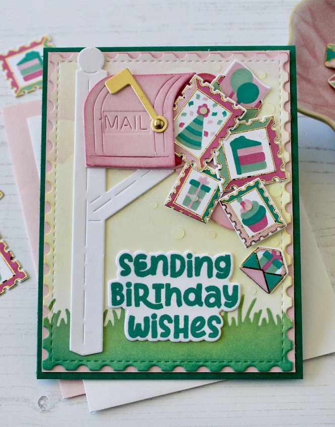 Handmade greeting card with birthday envelopes on it and a mailbox with sending birthday wishes sentiment on it.