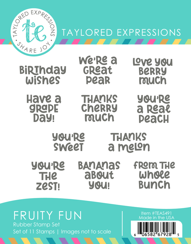 Graphic of Fruity Fun Stamp Set which includes sentiments used for papercrafting.
