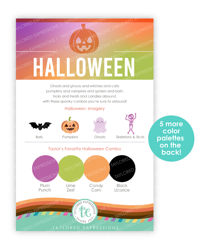 Graphic of Palette Playbook - Halloween which shows various color palettes for papercrafting.