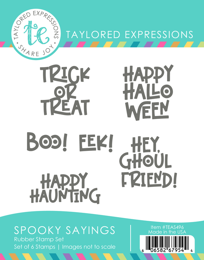 A graphic of Spooky Sayings Stamp Set which includes 6 rubber stamps for papercrafting.