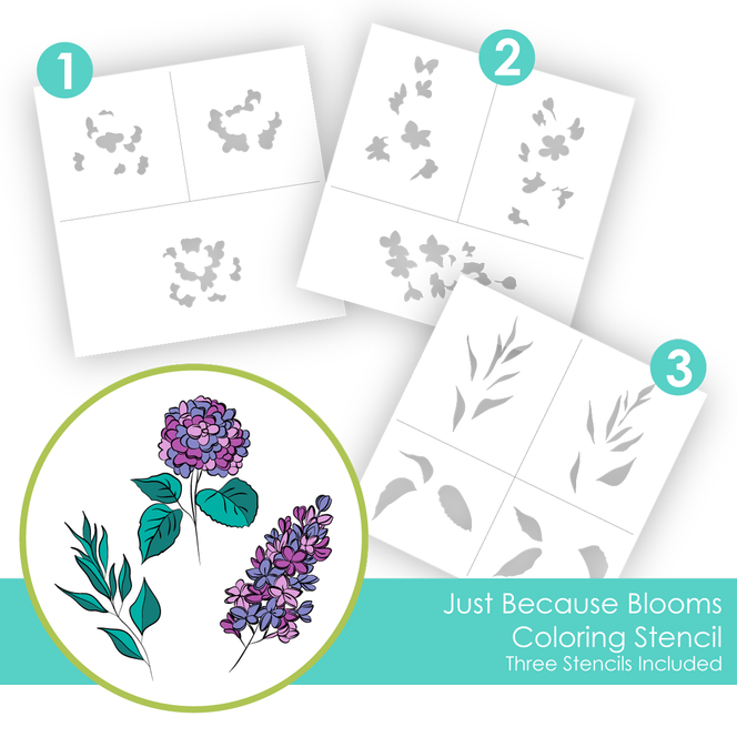 Graphic of Just Because Blooms Coloring Stencil which includes flowers for papercrafting.