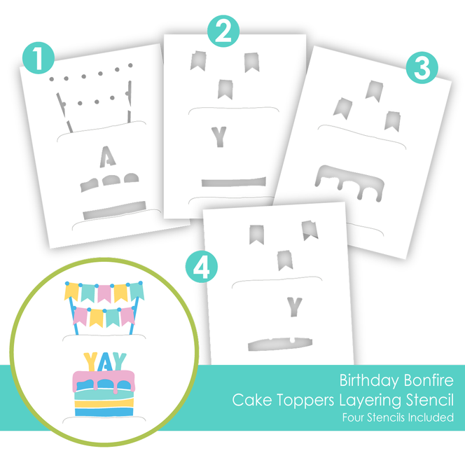 Graphic of Birthday Bonfire Cake Toppers Layering Stencil which includes a cake and topper for papercrafting.