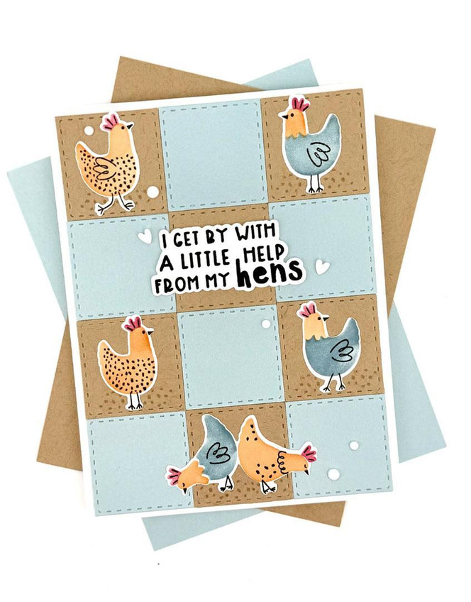 Handmade greeting card with hens on it and I get by with a little help from hens sentiment on it.